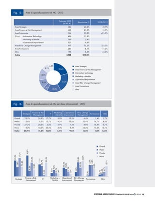 SPECIALE ASSOCONSULT: Rapporto 2013-2014 | 9.2014 23
Fig. 15 Aree di specializzazione nel MC - 2013
Fatturato 2013
(in Mil. €)
Ripartizione % 2013/2012
Area Strategia 640 20,4% - 8,7%
Area Finance e Risk Management 665 21,2% - 5,9%
Area Funzionale 966 30,8% +25,3%
Di cui: - Information Technology 496 15,8%
- Marketing e Vendite 169 5,4%
- Operational Improvement 301 9,6%
Area RU e Change Management 417 13,3% - 23,3%
Area Formazione 254 8,1% +7,2%
Altro 195 6,2% +5,4%
Italia 3.138 100,0%
Area Strategia
Area Finance e Risk Management
Information Technology
Marketing e Vendite
Operational Improvement
Area RU e Change Management
Area Formazione
Altro
6,2%
8,1%
13,3%
9,6%
5,4%
15,8%
21,2%
20,4%
Fig. 16 Aree di specializzazione nel MC per classi dimensionali – 2013
Strategia
Finance e Risk
Management
IT
Marketing
e Vendite
Operational
Improvement
RU e Change
Management
Formazione Altro
Grandi 23,5% 30,8% 17,7% 5,0% 13,0% 6,4% 1,4% 2,7%
Medie 13,6% 8,5% 15,7% 9,5% 11,0% 20,8% 16,7% 4,4%
Piccole 27,2% 20,5% 2,6% 5,9% 7,2% 13,0% 16,8% 6,7%
Micro 14,2% 10,3% 20,5% 3,4% 3,5% 22,5% 10,5% 15,1%
Italia 20,4% 21,2% 15,8% 5,4% 9,6% 13,3% 8,1% 6,2%
Grandi
Medie
Piccole
Micro
23,5%
13,6%
27,2%
14,2%
30,8%
8,5%
20,5%
10,3%
17,7%
15,7%
2,6%
20,5%
13,0%
11,0%
7,2%
3,5%
5,0%
9,5%
5,9%
3,4%
6,4%
20,8%
13,0%
22,5%
1,4%
16,7%
16,8%
10,5%
2,7%
4,4%
6,7%
15,1%
Finance e Risk
Management
Strategia IT
Marketing e
Vendite
Operational
Improvement
Formazione
RU e Change
Management
Altro
Fig. 17 Distribuzione del fatturato per macrosettori economici - 2013
Settore Pubblico e
 