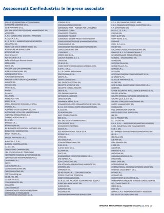 SPECIALE ASSOCONSULT: Rapporto 2013-2014 | 9.2014 41
Assoconsult Confindustria: le imprese associate
(PR.A.S.S.) PROMOTION ACCOUNTANING
SOFTWARE & SERVICE S.R.L.
3 G & PARTNERS S.R.L.
360 SPM SPORT PROFESSIONAL MANAGEMENT SRL
4 ERRE SPA
A.A.C. CONSULTING di Caroli Armando
A.C.Q.U.A. S.R.L.
A.I.S. S.C.R.L. AMBIENTE IGIENE SICUREZZA
ABCAPITAL SRL
About Job sas di Sabina Rosso & C.
ACCENTURE HR SERVICES SPA
ACCENTURE SPA
Adoc Group srl
ADV STUDIOS S.A.S
Aeffe srl Sviluppo Risorse Umane
Aeneas srl
AIDHA SRL
AIVE SPA (ora CAP GEMINI SPA)
ALFA INTERNATIONAL SRL
ALFANI GROUP S.R.L.
ALMAGEST SERVIZI SRL
ANALYSIS&UTILITYSRLINLIQUIDAZIONE
ANDROS SRL
ANTARES SRL
ANTEA S.R.L.
Arkè srl
Arrow srl
AS & M SRL
ASSIQUALITY SRL
ASSIST S.P.A.
ATENA ADVANCED DI DANIELA SPINA
ATOMA S.R.L.
AUDITING SAS DI COLONNA & C. SAS
AUTONOMIE LOCALI SRL UNIPERSONALE
AXENTIAL CONSULTING S.A.S.
DI FABIO BORDIGONI & CO.
B.I.S. SRL
BARRON S.R.L.
BF PARTNERS SRL
BIP BUSINESS INTEGRATION PARTNERS SPA
BONUCCHI E ASSOCIATI SRL
BRAIN TRUST S.R.L.
BRIDGE PARTNERS S.R.L.
BURATTI & C. S.R.L.
BURSON-MARSTELLER SRL
C.I.D.E. SRL
CANESTRARO CAMPIONI SRL
CBA STUDIO LEGALE E TRIBUTARIO
CENTRO PREVENZIONE & PROTEZIONE SRL
CENTRO STUDI INTERPROFESSIONALE
CHARISMA S.R.L.
CIEFFE
CLICKUTILITY S.R.L.
CLOUD CONSULTING SRL
CMB CONSULTING SRL
CMP Consulting sas
CO.GE.F.IN. SRL
CO.SER.FIN S.R.L.
COGEA SERVICES SRL
COGEA SRL
COGES CONSULT
COMMERCIALISTI ASSOCIATI BELTRAMI
COMPAGNIA DI PRODUZIONE
E COMMERCIO SAVANNAH S.A.S.
COMSAS S.R.L.
COMUNICAZIONE 2000 SRL
CONSORZIO ARPA - AGENZIA PER LA RICERCA
CONSORZIO CLARA
CONSORZIO CONISCO
CONSORZIO FO.CO.M
CONSORZIO SISTEMI PRODUTTIVI INTEGRATI
CONSULENZA STRATEGIE & MANAGEMENT SRL
Consulgroup srl
CONVERGENT TECHNOLOGIES PARTNERS SPA
CORE CONSULTING SPA
CORPORATE
COSMO ADV S.P.A.
COUTOT-ROEHRIG S.A. S.
Cross srl
CS & G S.R.L.
CUBO SOCIETA' CONSULENZA AZIENDALE SRL
D.E M.I. S.R.L.
D.I. DI CHIARA BASSIGNANI
D'APPOLONIA S.P.A.
DDKP S.R.L.
DEKRA CONSULTING
DEL GIUDICE GESTIONI SRL
DELOITTE & TOUCHE SPA
DELOITTE CONSULTING SPA
DESA S.R.L.
DFP ENGINEERING SRL
DI TANNO E ASSOCIATI
Direction sas
DYNAMICA RETAIL S.P.A.
DYNAMOS Sviluppo Organizzativo e Form. SRL
E.C.O. ECO CONSULTANTS ORGANIZATION SRL
E.E.CO.SRL
E3 Hunting sas
EASY CONSULTING SRL
EBC S.R.L.
EBC SRL SOCIETA' UNIPERSONALE
ECM SERVICE S.R.L.
ECONOMISTI D'IMPRESA
ECOS S.R.L.
ECS INTERNATIONAL ITALIA S.P.A.
EFFEGI S.P.A.
Eitos srl
EKO GROUP SRL
Elan International Srl
ELEA S.P.A.
ELETEC 2000 S.R.L.
Ellmar srl
ENCO SRL
ENGINEERING COMPUTER DESIGN S.R.L.
ENI ADFIN S.P.A.
EON CONSULTING SRL
EPA ECOLOGIA PREVENZIONE AMBIENTE SRL
EPISTEMA SRL
ERMENEIA SRL
ES-KO ITALIA S.R.L. con unico socio
ESSEDI STRATEGIE D'IMPRESA
ESSETI Consulenza Srl
EU.R.E.S. SRL Ricerche Economiche e Sociali
EUROCREA MERCHATNT SRL
EUROLEX SRL
EUROTECH SRL
Excursus srl
EXPERIAN INFORMATION SERVICES SPA
F.C.A. SRL FINANCIAL CREDIT AREA
F.G.M. Finanza Gestione & Marketing S.r.l.
F.P. & PARTNERS SAS
FESTO C.T.E. S.r.l.
FORENG SRL
FORM & ATP SRL
FORM RETAIL S.R.L.
FORMASÌ
FOSVI S.C.A.R.L.
FOX BIT SRL
GALGANO & ASSOCIATI CONSULTING SRL
GAMOS S.A.S. di Corrado Alia & C.
GC GOVERNANCE CONSULTING SRL
General - Engineering srl
GENESI SRL
GEOCOM ITALIA SRL
GERAS ITALIA S.P.A.
GERICO S.R.L.
GESTA SRL
GESTIONE ESAZIONI CONVENZIONATE S.P.A.
GI GROUP S.P.A.
GLISCO & PARTNERS S.R.L.
GLOBIZ SRL
GMF GLOBAL MAINTENANCE FACILITIES S.R.L.
GOST SRL
G-RISK SECURITY E INTELLIGENCE SERVICES S.R.L.
GRUPPO BONORA
GRUPPO IMPERIALI NETWORK SERVICES SRL
GRUPPO QU.A.S.A.R. SRL
GRUPPO STRAZZERI FRANCHISING SRL
HARPO MANAGEMENT SRL
HEGELIA SRL
HILL & KNOWLTON GAIA SRL
Hirtos Executive Search Srl
I&S SRL
I.C. S. PROJECT SRL
I.C. STUDIO SRL
I.M.A. S.R.L. - INDEPENDENT MARITIME ADVISORS
I.R.M. INDUSTRIAL RISK MANAGEMENTS
I.S.& C. SRL
I2i - IMPRESA DI INVESTIMENTO INNOVATIVO SPA
IB S.R.L.
IBS ITALIA SRL
ICE PAN SRL
IDEA FINANZA SRL
I-DEA SRL
IGEAM SRL
INFOSTEP S.A.S.
INIZIATIVA SRL
INLINGUA GENOVA S.R.L.
INNEXT SRL
INPUT DATA SRL
INTEGRAZIONE SRL
INTERNATIONAL ADVISING NETWORK GROUP SRL
INTERTEK CALEB BRETT S.R.L.
INTOO S.R.L.
INTRADO SRL
INVESTIMENTI & SVILUPPO S.R.L.
INVESTIMENTI DIREZIONE SERVIZI E CONSULENZA SRL
IPC CONSULTING S.R.L.
IREOS S.P.A.
IRSO SRL
ISARAIL S.P.A.-INDIPENDENT SAFETY ASSESSOR
Iso Selest di Casali Gino sas
 