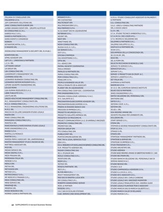 42 SUPPLEMENTO A Harvard Business Review
ITALIANA DI CONSULENZE SPA
ITALSERFIN S.P.A.
JDP CORPORATE SOLUTIONS SRL
JMAC CONSULTANTS EUROPE SPA
JUMBO GRANDI EVENTI SPA - GRUPPO ALPITOUR
K2 CONSULTING S.C.R.L.
KAIROS M & C S.R.L.
KAISER & PARTNERS S.R.L.
KAMA EVENTI E CONGRESSI
KEIRION
KEYWATERCAPITAL S.R.L.
K-MAKERS SRL
KNOWLEDGE MANAGEMENT & SECURITY SRL (K.M.&S.)
KOMPETERE SRL
KPMG ADVISORY SPA
L&P S.R.L. LIMENTANI & PARTNERS
L.C.A. SRL
LATTANZIO GROUP
LB GROUP SRL
LBA CONSULTING SRL
LEADERSHIP E MANAGEMENT SRL
LEARNING EDGE SRL
LEONARDO BUSINESS CONSULTING SRL
LEONARDO SISTEMI INTEGRATI S.R.L.
LEPORE GIUSEPPE ENGINEERING SRL
LEXJUS ROMA
LGA HUMAN RESOURCES S.A.S.
LIBRE PUBLICITE S.R.L.
LIGHTLAB SRL
LINCEOHEALTHCAREMANAGEMENTCONSULTINGSRL
M.C. MANAGEMENT CONSULTANTS SRL
M.E.D. CONSULTING S.R.L.
M.E.S. MANAGERIAL ENGINEERING SOLUTIONS SRL
M.R.S. SRL
MACCHI DI CELLERE GANGEMI STUDIO LEGALE
MAIFIN SPA
MAKE CONSULTING SRL
MANAGING CONSULTING S.R.L.
MANTECA SRL
MARCHIAFAVA & MARCHIAFAVA STUDIO LEGALE
MARE ENGINEERING S.P.A.
MARSH S.P.A.
MARTELLI & MONACO
MARTIN S.R.L.
Marzia Pieri e Associati Srl Unipersonale
MASTER MANAGEMENT STUDI E RICERCHE SRL
Mattiroli Associati srl
MCB SRL
MEDAS SERVICE SRL
MEDIA DIGITALI S.R.L.
MEDI-PRAGMA SRL
MERIDIANA ITALIA SRL
MERIDIE S.P.A.
MERLO SPA
METHA SRL
METHODOS SPA
METODI S.R.L.
METROCONSULT S.R.L.
MF MERCATI E FINANZA S.R.L.
MIDA CONSULTING SRL
MIND SERVICE SRL
MINERV@ SRL
Minerva Srl
Moda Research Srl
MORRIS CASINI & PARTNERS SRL
MOSAICO S.R.L.
MR COSTANTINO
MULTICREDIT SPA
MULTIMEDIAFORM S.R.L.
MULTISERVICE S.P.A.
N.S.& SAGET SAS IN LIQUIDAZIONE
NETBRAIN S.R.L.
NEXINT SRL
NEXT SPA
NINETYNINE SRL
NOVA CONSULTING SRL
NUOVA SI.EC.O. S.R.L.
OA SERVICE S.R.L.
OCF S.R.L.
OFICINA D'IMPRESA
OGI ADVERTISING S.R.L.
OPTA SRL
P.A. ADVICE SPA
PAFRAL SOCIETA' COOPERATIVA
PAOLA IMENEO
PAPALEO & PARTNERS SRL
PARVA CONSULTING SPA
PDM CONSULTING S.R.L.
PENELOPE S.P.A.
PEOPLE & BUSINESS VALUE SRL
PIROLA PENNUTO ZEI & ASSOCIATI
PLAINET SRL IN LIQUIDAZIONE
PMI CONSULTING COOP SOC. COOPERATIVA
PMS ENGINEERING S.P.A.
PRAGMA CONSULENZE AZIENDALI S.N.C.
di S. Galante & C.
PRICEWATERHOUSECOOPERS ADVISORY SRL
PRICEWATERHOUSECOOPERS S.P.A.
PRISMA DI ROSARIO BIANCO SAS
PROCESSI DI IMPRESA S.R.L.
PROGETTO SICUREZZA S.R.L.
PROGETTO SVILUPPO IMPRESA SRL
PROGITECH DI PROCOPIO M.
PROJECT COMMUNICATION S.A.S. DI VARRIALE VINCENZO
PROMETEO CONSULTING SRL
PROMETHEO SRL
PROTOM GROUP SPA
PTS CONSULTING SPA
PUBBLICOMIT SRL
PUNTOCOMUNICAZIONE SRL
PWC TAX & LEGAL SERVICES (TLS)
QSA S.R.L.
R.E.S.-RESEARCHOFEXCELLENCEINSERVICECONSULTINGSRL
R.M. Progetto Azienda srl
Radar Consulting Sas
RE.S. Studium sas
REALE CONSULTING S.R.L.
REDSTUDIO SRL
REER S.R.L.
REFIND SRL
RENZI & PARTNERS SRL
RES S.R.L.
RI.FOR.MED S.R.L.
RIGHT MANAGEMENT SRL
Rigi sas di Sinatra Lucia Rita
RM CONSULTING S.R.L.
ROBERTO SANSEVERINO SERVIZI
RODL & PARTNER
ROGEDIL S.R.L.
S & C sas di Scolari Stefano
S.&D. SERVICE AND DEVELOPMENT SRL
S.CO.A. Studio Consulenti Associati di Palmieri F.
& Partners
S.G. CONSULTING SRL
S.G.C. GRECU CONSULTING PARTNERS
SRL A SOCIO UNICO
S.I.P.I. SRL
S.T.A. STUDIO TECNICO AMBIENTALE S.R.L.
S.T.A.M.P.A. SOC.COOP.A R.L.
S.T.V. Ricerca e Selezione sas
SALEMME & PARTNERS S.R.L.
SALERNO SVILUPPO S.C.R.L.
SANTUCCI & PARTNERS SRL
SCOA S.R.L.
SDS IMPRESA DELLA CONOSCENZA SRL
SE.CO.SV.IM. SRL
SEAZ SRL
Sel & Form srl
Selecta Pecchioni di Bonicelli sas
SERVICE TO SERVICE S.R.L.
SERVICETUR S.R.L.
SERVINT S.R.L.
SERVIZI E PROGETTI SAS DI CRUPI & C.
SERVIZI E LOGISTICA S.R.L.
SET ITALIA SRL
SHERMAN & PARTNERS
SIDERCAD S.P.A.
SI-I.E.S. SRL EUROPEAN SERVICE INSTITUTE
SILVIO CECI & PARTNERS
SINES ENGINEERING S.R.L.
Sintex Selezione del Personale Srl
Sinthema snc
SIRTIS S.R.L.
SISTEMA Coop. a.r.l.
SISTEMA SRL
SO.GE.I. SRL
Soa Risorse Umane srl
SOCIETÀ ITALIANA PER L'AMBIENTE SRL
SOLUZIONI SRL
START SERVIZI S.R.L.
Stema srl
STEPHEN & GEORGE MANAGEMENT CONSULTANTS SRL
STOA' S.C.P.A.
STRAGO S.PA.
STRATA SPA
STRATEGIC MANAGEMENT PARTNERS SRL
STRATEGIE & SERVIZI SRL
STRATEGIE DI IMPRESA S.R.L.
STUDI FINANZIARI S.R.L.
STUDIO ARCHETIPO SRL
STUDIO AZIENDA
STUDIOBASERISORSEUMANEdiGibertoniMarioeC.SAS
STUDIO BELTRAMI SRL
Studio Bianchi Selezione del Personale sas di
Serena Bianchi & C.
Studio Bicego Srl
STUDIO C & D
STUDIO CAMPAGNOLA ADVISORS S.P.A.
STUDIO G.A.M.M.A. S.R.L.
STUDIO KR E ASSOCIATI S.R.L.
STUDIO LEGALE AVV. CARLO CARBONE
STUDIO LEGALE AVV. VINCENZO MURATORI
STUDIO LEGALE PENALISTICO AVV. ANDREA GUIDI
STUDIO LEGALE PLANTADE POSI E ASSOCIATI
Studio Marchi sas di Marchi Gilberto & C.
STUDIO MARCO CALZA' DI ROLANDO
STUDIO PERONI S.R.L.
 