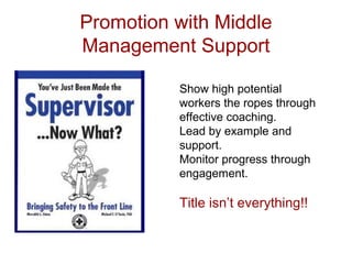 Promotion with Middle
Management Support
Show high potential
workers the ropes through
effective coaching.
Lead by example and
support.
Monitor progress through
engagement.
Title isn’t everything!!
 