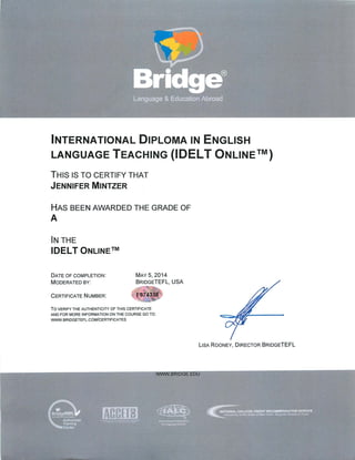 Jennifer Mintzer International Diploma in English Language Teaching Certificate
