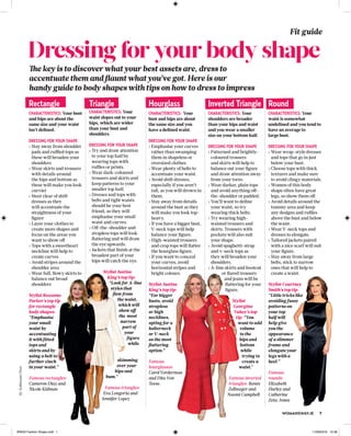 ByÁoibheannDiver
Fit guide
WOMANSWAY.IE 7
Dressing for your body shape
Rectangle
CHARACTERISTICS: Your bust
and hips are about the
same size and your waist
isn’t deﬁned.
DRESSING FOR YOUR SHAPE
› Stay away from shoulder
pads and ruﬄed tops as
these will broaden your
shoulders
› Wear skirts and trousers
with details around
the hips and bottom as
these will make you look
curvier
› Steer clear of shift
dresses as they
will accentuate the
straightness of your
ﬁgure
› Layer your clothes to
create more shapes and
focus on the areas you
want to show oﬀ
› Tops with a sweetheart
neckline will help to
create curves
› Avoid stripes around the
shoulder area
› Wear full, ﬂowy skirts to
balance out broad
shoulders
Stylist Roxanne
Parker’s top tip
for rectangle
body shapes:
“Emphasise
your small
waist by
accentuating
it with ﬁtted
tops and
skirts and by
using a belt to
further cinch
in your waist.”
Famous rectangles:
Cameron Diaz and
Nicole Kidman
Triangle
CHARACTERISTICS: Your
waist slopes out to your
hips, which are wider
than your bust and
shoulders.
DRESSING FOR YOUR SHAPE
› Try and draw attention
to your top half by
wearing tops with
ruﬄes or prints.
› Wear dark-coloured
trousers and skirts and
keep patterns to your
smaller top half.
› Dresses and tops with
belts and tight waists
should be your best
friend, as they will
emphasise your small
waist and curves.
› Oﬀ-the-shoulder and
strapless tops will look
ﬂattering and will draw
the eye upwards.
› Jackets that ﬁnish at the
broadest part of your
hips will catch the eye.
Stylist Justine
King’s top tip:
“Look for A-line
styles that
ﬂow from
the waist,
which will
show oﬀ
the most
narrow
part of
your
ﬁgure
while
skimming
over your
hips and
bum.”
Famous triangles:
Eva Longoria and
Jennifer Lopez
Hourglass
CHARACTERISTICS: Your
bust and hips are about
the same size and you
have a deﬁned waist.
DRESSING FOR YOUR SHAPE
› Emphasise your curves
rather than swamping
them in shapeless or
oversized clothes.
› Wear plenty of belts to
accentuate your waist.
› Avoid shift dresses,
especially if you aren’t
tall, as you will drown in
them.
› Stay away from details
around the bust as they
will make you look top-
heavy.
› If you have a bigger bust,
V-neck tops will help
balance your ﬁgure.
› High-waisted trousers
and crop tops will ﬂatter
the hourglass ﬁgure.
› If you want to conceal
your curves, avoid
horizontal stripes and
bright colours.
Stylist Justine
King’s top tip:
“For bigger
busts, avoid
strapless
or high
necklines,
opting for a
halterneck
or V-neck
as the most
ﬂattering
option.”
Famous
hourglasses:
CarolVorderman
and Dita Von
Teese.
Inverted Triangle
CHARACTERISTICS: Your
shoulders are broader
than your hips and waist
and you wear a smaller
size on your bottom half.
DRESSING FOR YOUR SHAPE
› Patterned and brightly-
coloured trousers
and skirts will help to
balance out your ﬁgure
and draw attention away
from your torso.
› Wear darker, plain tops
and avoid anything oﬀ-
the-shoulder or padded.
› You’ll want to deﬁne
your waist, so try
wearing thick belts.
› Try wearing high-
waisted trousers and
skirts. Trousers with
pockets will also suit
your shape.
› Avoid spaghetti-strap
and v-neck tops as
they will broaden your
shoulders.
› A-line skirts and bootcut
or ﬂared trousers
and jeans will be
ﬂattering for your
ﬁgure.
Stylist
Georgina
Vahey’s top
tip: “You
want to add
volume
to the
hips and
bottom
while
trying to
create a
waist.”
Famous inverted
triangles: Renée
Zellweger and
Naomi Campbell
Round
CHARACTERISTICS: Your
waist is somewhat
undeﬁned and you tend to
have an average to
large bust.
DRESSING FOR YOUR SHAPE
› Wear wrap-style dresses
and tops that go in just
below your bust.
› Choose tops with thick
textures and make sure
to avoid clingy materials.
› Women of this body
shape often have great
legs, so show them oﬀ.
› Avoid details around the
tummy area and keep
any designs and ruﬄes
above the bust and below
the waist.
› Wear V-neck tops and
dresses to elongate.
› Tailored jackets paired
with a nice scarf will suit
your ﬁgure.
› Stay away from large
belts, stick to narrow
ones that will help to
create a waist.
Stylist Courtney
Smith’s top tip:
“Little tricks like
avoiding fussy
patterns on
your top
half will
help give
you the
appearance
of a slimmer
frame and
elongate your
legs with a
heel.”
Famous
rounds:
Elizabeth
Hurley and
Catherine
Zeta-Jones
The key is to discover what your best assets are, dress to
accentuate them and ﬂaunt what you’ve got. Here is our
handy guide to body shapes with tips on how to dress to impress
WW33 Fashion Shape.indd 1 11/08/2016 12:38
 