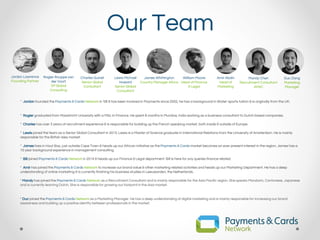 Our Team
Jordan Lawrence
Founding Partner
Rogier Rouppe van
der Voort
VP Global
Consulting
William Moore
Head of Finance
& Legal
James Whittington
Country Manager Africa
Charles Guinet
Senior Global
Consultant
Lewis Michael
Howard
Senior Global
Consultant
Amir Abdin
Head of
Marketing
* Jordan founded the Payments & Cards Network in ‘08 & has been involved in Payments since 2002, he has a background in Water-sports tuition & is originally from the UK.
* Rogier graduated from Maastricht University with a MSc in Finance. He spent 8 months in Mumbai, India working as a business consultant to Dutch based companies.
* Charles has over 3 years of recruitment experience & is responsible for building up the French speaking market, both inside & outside of Europe.
* Lewis joined the team as a Senior Global Consultant in 2015. Lewis is a Master of Science graduate in International Relations from the University of Amsterdam. He is mainly
responsible for the British Isles market.
* James lives in Hout Bay, just outside Cape Town & heads up our African initiative as the Payments & Cards market becomes an ever present interest in the region. James has a
10 year background experience in management consulting.
* Bill joined Payments & Cards Network in 2014 & heads up our Finance & Legal department. Bill is here for any queries finance related.
* Amir has joined the Payments & Cards Network to increase our brand value & other marketing related activities and heads up our Marketing Department. He has a deep
understanding of online marketing & is currently finishing his business studies in Leeuwarden, the Netherlands.
* Mandy has joined the Payments & Cards Network as a Recruitment Consultant and is mainly responsible for the Asia Pacific region. She speaks Mandarin, Cantonese, Japanese
and is currently learning Dutch. She is responsible for growing our footprint in the Asia market.
* Duc joined the Payments & Cards Network as a Marketing Manager. He has a deep understanding of digital marketing and is mainly responsible for increasing our brand
awareness and building up a positive identity between professionals in the market.
Mandy Chen
Recruitment Consultant
APAC
Duc Dang
Marketing
Manager
 