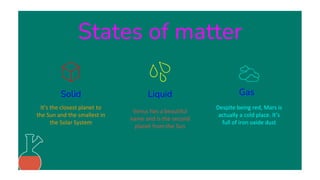 States of matter
Solid
It’s the closest planet to
the Sun and the smallest in
the Solar System
Liquid
Venus has a beautiful
name and is the second
planet from the Sun
Gas
Despite being red, Mars is
actually a cold place. It’s
full of iron oxide dust
 