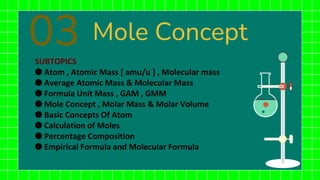 Mole Concept
03
..
SUBTOPICS
➊ Atom , Atomic Mass [ amu/u ] , Molecular mass
➋ Average Atomic Mass & Molecular Mass
➌ Formula Unit Mass , GAM , GMM
➍ Mole Concept , Molar Mass & Molar Volume
➎ Basic Concepts Of Atom
➏ Calculation of Moles
➐ Percentage Composition
➑ Empirical Formula and Molecular Formula
 
