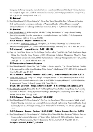 18
Computing technology design the interaction between computers and human of Intelligent Tutoring Systems -
For example in digital arts”, IJOPCD, International Journal of Online Pedagogy and Course Design,Vol. 6,
No. 1, pp. 13- 30, January-March,2016. (EI)
EI Journal
33. Hao-Chiang Koong LIN, Sheng-Hsiung Su*, Sheng-Tien Wang, Shang-Chin Tsai, “Influence of Cognitive
Style and Cooperative Learning on Application of Augmented Reality to Natural Science Learning”,
International Journal of Technology and Human Interaction, 11(4), 41-66, October-December 2015. (EI)
EI Journal
34. Hao-Chiang Koong LIN, Chih-Hung Wu, HSUEH,Ya-Ping, The Influence of Using Affective Tutoring
System in Accounting Remedial Instruction on Learning Performance and Usability, CHB, Computers in
Human Behavior, 41(2014), 2014., pp. 514-522.
SSCI Journal Impact factor: 2.273
35. Kuo-Chun Hsu, Hao-Chiang Koong Lin, I-Long Lin*, Jin-Wei Lin, “The Design and Evaluation of an
Affective Tutoring System”, JIT, Journal of Internet Technology, Issue:July 2014, Vol.15 No.4, pp. 533-542.
SCI Journal Impact factor: 0.481 (2012)
36. Chad Lin, Hao-Chiang Koong Lin, Yu-An Huang, Geoffrey Jalleh, Ying Chieh Liu, Yueh-Hsia Huang, Sheng-
Hsiung Su, Ching-Ju Chao, Towards a B2B E-Commerce Evaluation Management Model to Assess
Organizational Drivers in Hospitals, ITMR, The International Technology Management Review,4(3), October
2014., pp. 115 - 132. doi:10.2991/itmr.2014.4.3.1
EI/Compendex Journal, Scopus
37. Hao-Chiang Koong LIN, Shang-Chin Tsai*, Yu-Ting Li, Sheng-Hsiung Su, “The Effects of Students’ Cognitive
Styles upon Applying AR to Learn Headlamp Wiring System”, Jokull Journal (ISSN: 0449-0576), Volume. 64,
Issue. 5, May, 2014, pp. 254-269.
SCIE Journal Impact factor: 1.000 (2012) 5-Year Impact Factor: 1.633
38. Hao-Chiang Koong LIN, Tsung-Yen Chuang*, I-Long Lin, Hsuan-Yu Chen, “Elucidating the Role of IT/IS
Assessment and Resource Evaluation Allocation in the IT/IS Performance of Hospitals”, I & M,Information
& Management, Volume 51, Issue 1, January 2014, Pages 104–112.
SSCI / SCI Journal Impact factor: 2.214 5-Year Impact Factor: 3.796
39. Hao-Chiang Koong LIN, Shang-Chin Tsai*, Yu-Cheng Cheng, Ching-Ju Chao, Sheng-Hsiung Su , “Usability
Evaluation of Affective Tutoring Systems on Web Page”,Mitteilungen Klosterneuburg (ISSN: 0007-5922),
Vol. 64, Issue. 6, June, 2014, pp. 27-40.
SCIE Journal Impact factor: 0.106 (2012)
40. Hao-Chiang Koong LIN, Sheng-Hsiung Su*, Yu-Cong Lin, Iwen Huang, “The Assessment of Middle school
Students' Learning Motivation and Learning Effectiveness through implementing Augmented Reality-Based
Learning System in Astronomy Learning”, Jokull Journal (ISSN: 0449-0576), Vol. 64, No. 6, Jun 2014, pp.
17-32.
SCIE Journal Impact factor: 1.000 (2012) 5-Year Impact Factor: 1.633
41. Hao-Chiang Koong LIN, Sheng-Hsiung Su*, Yi-Chun Hsieh, Shang-Chin Tsai , Impacts of Affective Tutoring
System on the Learning Achievement of Primary School Students with Different Cognitive Styles - An
Example on Marine Education, The New Educational Review, Vol.38, No.4, Aril, 2014. 250-261.
Scopus Journal, EBSCO, Ulrich’s
 