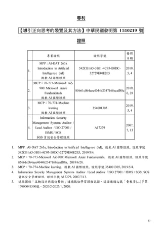 57
專利
【導引正向思考的裝置及其方法】中華民國發明第 I 510219 號
證照
專業證照 證照字號
發照
日期
1.
MPP : AI-DAT 263x
Introduction to Artificial
Intelligence (AI)
微軟 AI 國際證照
542CB1A5-3E01-4C93-B8DC-
32729E40E2E5
2019,
5, 4
2.
MCP：70-773-Microsoft AZ-
900: Microsoft Azure
Fundamentals
微軟 AI 國際證照
85661c0b4aee4044b2347168ecaff88a
2019,
6, 28
3.
MCP：70-774-Machine
learning
微軟 AI 國際證照
354001305
2019,
5, 4
4.
Information Security
Management Systems Auditor /
Lead Auditor / ISO 27001 /
ISMS / SGS
SGS 資訊安全管理證照
A17279
2007,
7, 13
1. MPP : AI-DAT 263x, Introduction to Artificial Intelligence (AI), 微軟 AI 國際證照, 證照字號
542CB1A5-3E01-4C93-B8DC-32729E40E2E5, 2019/5/4.
2. MCP：70-773-Microsoft AZ-900: Microsoft Azure Fundamentals, 微軟 AI 國際證照, 證照字號
85661c0b4aee4044b2347168ecaff88a, 2019/6/28.
3. MCP：70-774-Machine learning, 微軟 AI 國際證照, 證照字號 354001305, 2019/5/4.
4. Information Security Management Systems Auditor / Lead Auditor / ISO 27001 / ISMS / SGS, SGS
資訊安全管理證照, 證照字號 A17279, 2007/7/13.
5. 遠距課程「互動設計與數位藝術」通過數位學習課程認證。認證通過文號：臺教資(二)字第
10900041500號。2020/2-2025/1, 2020.
 