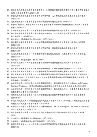 59
29. 國立臺東大學數位媒體與文教產業學系，如何將教學創新與教學實踐研究計畫轉為論文發表
議題-以數位媒體為例, 2020/12/10。
30. 靜宜大學國際學院寰宇外語教育學士學位學程，人工智慧情感運算在數位學習上的運用，
2020/12/4。
31. 遠東科技大學，從審查角度看教學創新與教學實踐計畫申請, 2020/12/3。
32. Keynote Speaker, 新營扶輪社，人工智慧情感運算在數位學習與科技藝術上的運用，華味香
餐廳，2020/12/1。
33. 元培醫大教學資源中心，從審查角度看教學創新與教學實踐計畫申請, 2020/11/30。
34. 國立臺北商業大學資管系創意科技與產品設計系，人工智慧情感運算與創意科技在與科技藝
術上的運用，2020/11/20。
35. 麻豆國小，AR環境教育之魔法造紙，11/23, 2020。
36. 國立彰化師範大學資管系，人工智慧情感運算與AR/VR在數位學習與科技藝術上的運用，
2020/11/20。
37. 靜宜大學國際學院寰宇外語教育學士學位學程，科技藝術在數位學習上的運用，
2020/11/20。
38. 交通大學教學發展中心，教學實踐研究計畫區域基地論壇，從教學實踐研究到教學論文,
2020/11/14。
39. 紀安國小，AR魔法造紙，11/10, 2020。
40. 台南菁英扶輪社，人工智慧情感運算在數位學習與科技藝術上的運用，晶英酒店，
2020/11/6。
41. 國立彰化師範大學，個人品牌自媒體社群經營: 從BBS談到臉書與抖音，11/2, 2020。
42. 元智大學電機工程學系，人工智慧情感運算在數位學習與科技藝術上的運用，2020/11/5。
43. 國立屏東科技大學工管系，人工智慧情感運算在數位學習與科技藝術上的運用，2020/11/4。
44. Keynote Speaker, 中壢西區扶輪社，人工智慧情感運算在數位學習與科技藝術上的運用，中
壢扶輪社，2020/11/3。
45. 南台科技大學，2020教學創新與評量國際研討會，數位創意教學工作坊(Digital and Creative
Teaching Workshop)，教學創新與數位式教材教法之常用數位工具與經驗分享, 2020/10/30。
46. 南台科技大學，2020教學創新與評量國際研討會，數位科技工作坊，從審查角度看教學創新
與教學實踐計畫申請, 2020/10/30。
47. 明新科技大學運動管理系，從人工智慧情感運算談教學實踐教學創新與研究論文之撰寫，
2020/10/28。
48. 彰化社頭織襪故鄉，AR藝術創意設計織襪產品廣告工作坊，AR/VR與人工智慧情感運算在藝
術創意設計織襪產品廣告的運用，2020/10/26。
49. 希拉亞文化協會，四十歲後的個人品牌社群經營：TikTok、Instagram、Facebook、Plurk經驗
分享，政大書城，10/21, 2020。
50. 國立臺南大學諮輔系，社群網站的正向力量以及不可不關心的網路平台性議題，10/14,
2020。
51. 大山國小，AR環境教育之蔡倫造紙，10/7, 2020。
52. 九如國中，VR環境教育之紙資源再利用，10/5, 2020。
53. 銘傳大學教資中心，如何將教學創新與教學實踐研究計畫轉為論文發表議題之經驗分享,
2020/9/30。
 