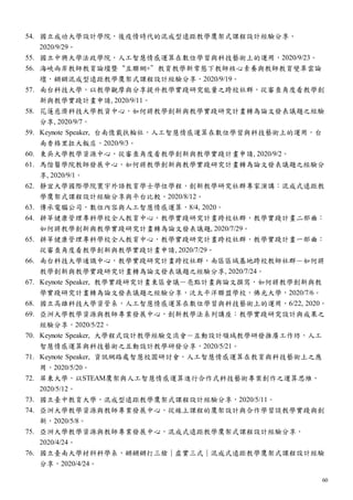 60
54. 國立成功大學設計學院，後疫情時代的混成型遠距教學鷹架式課程設計經驗分享，
2020/9/29。
55. 國立中興大學法政學院，人工智慧情感運算在數位學習與科技藝術上的運用，2020/9/23。
56. 海峽兩岸教師教育論壇暨“互聯網+”教育教學新常態下教師核心素養與教師教育變革雲論
壇，鏘鏘混成型遠距教學鷹架式課程設計經驗分享，2020/9/19。
57. 南台科技大學，以教學觀摩與分享提升教學實踐研究能量之跨校社群，從審查角度看教學創
新與教學實踐計畫申請, 2020/9/11。
58. 花蓮慈濟科技大學教資中心，如何將教學創新與教學實踐研究計畫轉為論文發表議題之經驗
分享, 2020/9/7。
59. Keynote Speaker, 台南億載扶輪社，人工智慧情感運算在數位學習與科技藝術上的運用，台
南香格里拉大飯店，2020/9/3。
60. 東吳大學教學資源中心，從審查角度看教學創新與教學實踐計畫申請, 2020/9/2。
61. 馬偕醫學院教師發展中心，如何將教學創新與教學實踐研究計畫轉為論文發表議題之經驗分
享, 2020/9/1。
62. 靜宜大學國際學院寰宇外語教育學士學位學程，創新教學研究社群專家演講：混成式遠距教
學鷹架式課程設計經驗分享與平台比較，2020/8/12。
63. 傳承電腦公司，數位內容與人工智慧情感運算，8/4, 2020。
64. 耕莘健康管理專科學校全人教育中心，教學實踐研究計畫跨校社群，教學實踐計畫二部曲：
如何將教學創新與教學實踐研究計畫轉為論文發表議題, 2020/7/29。
65. 耕莘健康管理專科學校全人教育中心，教學實踐研究計畫跨校社群，教學實踐計畫一部曲：
從審查角度看教學創新與教學實踐計畫申請, 2020/7/29。
66. 南台科技大學通識中心，教學實踐研究計畫跨校社群，南區區域基地跨校教師社群－如何將
教學創新與教學實踐研究計畫轉為論文發表議題之經驗分享, 2020/7/24。
67. Keynote Speaker, 教學實踐研究計畫東區會議－亮點計畫與論文撰寫，如何將教學創新與教
學實踐研究計畫轉為論文發表議題之經驗分享，泛太平洋聯盟學校，佛光大學，2020/7/6。
68. 國立高雄科技大學資管系，人工智慧情感運算在數位學習與科技藝術上的運用，6/22, 2020。
69. 亞洲大學教學資源與教師專業發展中心，創新教學法系列講座：教學實踐研究設計與成果之
經驗分享，2020/5/22。
70. Keynote Speaker, 大學程式設計教學經驗交流會－互動設計領域教學研發推廣工作坊，人工
智慧情感運算與科技藝術之互動設計教學研發分享，2020/5/21。
71. Keynote Speaker, 資訊網路處智慧校園研討會，人工智慧情感運算在教育與科技藝術上之應
用，2020/5/20。
72. 屏東大學，以STEAM鷹架與人工智慧情感運算進行合作式科技藝術專案創作之運算思維，
2020/5/12。
73. 國立臺中教育大學，混成型遠距教學鷹架式課程設計經驗分享，2020/5/11。
74. 亞洲大學教學資源與教師專業發展中心，從線上課程的鷹架設計與合作學習談教學實踐與創
新，2020/5/8。
75. 亞洲大學教學資源與教師專業發展中心，混成式遠距教學鷹架式課程設計經驗分享，
2020/4/24。
76. 國立臺南大學材料科學系，鏘鏘鏘打三槍｜虛實三式｜混成式遠距教學鷹架式課程設計經驗
分享，2020/4/24。
 