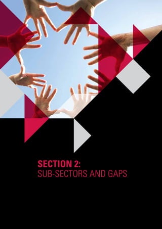 17
Section 2:
Sub-sectors and Gaps
Following the (modified) Blended Value framework and through our one-on-one interviews with key
stakeholders in various sub-sectors, we explore the work that has been done by these sectors and
reveal the gaps that hinder the development of the social ecosystem. The seven sub-sectors and the
types of organizations included for each sub-sector are specified in the chart below.
 