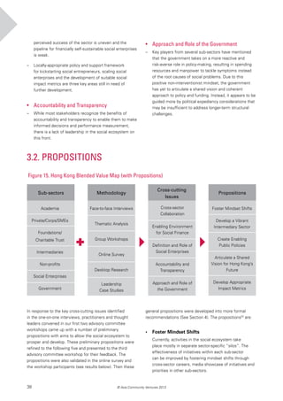 38 © Asia Community Ventures 2013
perceived success of the sector is uneven and the
pipeline for financially self-sustainable social enterprises
is weak.
–		 Locally-appropriate policy and support framework
for kickstarting social entrepreneurs, scaling social
enterprises and the development of suitable social
impact metrics are three key areas still in need of
further development.
• 	 Accountability and Transparency
–		 While most stakeholders recognize the benefits of
accountability and transparency to enable them to make
informed decisions and performance measurement,
there is a lack of leadership in the social ecosystem on
this front.
In response to the key cross-cutting issues identified
in the one-on-one interviews, practitioners and thought
leaders convened in our first two advisory committee
workshops came up with a number of preliminary
propositions with aims to allow the social ecosystem to
prosper and develop. These preliminary propositions were
refined to the following five and presented to the third
advisory committee workshop for their feedback. The
propositions were also validated in the online survey and
the workshop participants (see results below). Then these
• 	 Approach and Role of the Government
–		 Key players from several sub-sectors have mentioned
that the government takes on a more reactive and
risk-averse role in policy-making, resulting in spending
resources and manpower to tackle symptoms instead
of the root causes of social problems. Due to this
positive non-interventionist mindset, the government
has yet to articulate a shared vision and coherent
approach to policy and funding. Instead, it appears to be
guided more by political expediency considerations that
may be insufficient to address longer-term structural
challenges.
Sub-sectors
Academia
Private/Corps/SMEs
Foundations/
Charitable Trust
Intermediaries
Non-profits
Social Enterprises
Government
Foster Mindset Shifts
Develop a Vibrant
Intermediary Sector
Create Enabling
Public Policies
Articulate a Shared
Vision for Hong Kong’s
Future
Develop Appropriate
Impact Metrics
Propositions
Figure 15. Hong Kong Blended Value Map (with Propositions)
3.2. Propositions
Cross-sector
Collaboration
Enabling Environment
for Social Finance
Definition and Role of
Social Enterprises
Accountability and
Transparency
Approach and Role of
the Government
Cross-cutting
Issues
Methodology
Face-to-face Interviews
Thematic Analysis
Group Workshops
Online Survey
Desktop Research
Leadership
Case Studies
general propositions were developed into more formal
recommendations (See Section 4). The propositions33
are:
• 	 Foster Mindset Shifts
Currently, activities in the social ecosystem take
place mostly in separate sector-specific “silos”. The
effectiveness of initiatives within each sub-sector
can be improved by fostering mindset shifts through
cross-sector careers, media showcase of initiatives and
priorities in other sub-sectors.
 