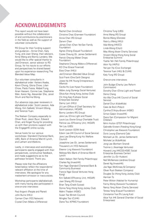 4 © Asia Community Ventures 2013
AcknowledgementS
This report would not have been
possible without the collaboration
of and contributions by practitioners
in the field as well as the support of
volunteer consultants.
RS Group for their funding support
and guidance – Annie Chen, Katy
Yung, and Joan Shang; their advisors,
Anna Wang and Bonny Landers; We
would like to offer special thanks to
Jed Emerson, senior advisor to RS
Group, for his inputs to our efforts
and perspectives he shared based
upon his experience researching The
Blended Value Map.
Our volunteer consultants in
alphabetical order: Keitaro Asaba,
Kevin Chong, Gloria Chow, Lilian
Chow, Paolo Fresia, Mabel Fung,
Arian Hassani, Connie Lee, Stephanie
Man, Karen Ng, Alexander She, Janet
Shum and Norma Wong.
Our advance copy peer reviewers in
alphabetical order: Scott Lawson, Ada
Wong, Kim Salkeld, Vincent Wong,
and Terence Yuen.
The Nielsen Company especially to
Oliver Rust, Jason Byun, Edward
Chan, and Angel Young for providing
us with their pro-bono support with
the EngageHK online survey.
Venue hosts for our various
workshops: Standard Chartered Bank,
UBS, Bank of America Merrill Lynch,
and Latham and Watkins.
Lastly, in interviews and workshops,
participants openly engaged with their
perspectives, constructive feedback,
and made suggestions as to the
pathways forward. Thank you.
Please note that the affiliations
listed below reflect the respondents’
relevant affiliation at the time of
interviews. We apologize for any
inadvertent omission or inaccuracies.
Workshop participants (alphabetical),
with many having also participated in
one-on-one interviews:
Paul Angwin (People and Planet)
John Burns (HKU)
Carmen Chan (YES Network)
Crystal Chan (Make a Difference)
Rachel Chan (Innofoco)
Christine Chao (Grameen Foundation)
Annie Chen (RS Group)
Darwin Chen
James Chen (Chen Yet-Sen Family
Foundation)
Agnes Cheng (Esquel Foundation)
Cooke Cheung (St. James Settlement)
Patrick Cheung (Water Drops
Foundation)
Stephanie Cheung (Make a Difference)
KO Chia (Grace Financial)
Elsie Chien (HKU)
Jed Emerson (Blended Value Group)
Scot Frank (One Earth Designs)
Josee Ha (HK Young Entrepreneurs
Alliance)
Cecilia Ho (Lee Hysan Foundation)
Abbie Jung (Synergy Social Ventures)
Olivia Kan (Hong Kong Jockey Club)
Chi Hing Kee (Fullness Social
Enterprises Society)
Danny Lam (HKU)
LK Lam (Office of Chief Secretary for
Administration, HKSAR)
Bonny Landers (RS Group)
Jane Lau (China Light and Power)
Laura Lau (Swire Group Charitable Trust)
Patricia Lau (Efficiency Unit, HKSAR)
Yan Lau (UBS)
Scott Lawson (SOW Asia)
Edwin Lee (HK Council of Social Service)
Jane Lee (Sheng Kung Hui Welfare
Council)
Josephine Lee (St. James Settlement)
Thousand Lim (YES Network)
Eleanor Ling (Keswick Foundation)
Melissa Moi (Bank of America Merrill
Lynch)
Adam Nelson (Yeh Family Philanthropy)
Charles Ng (InvestHK)
Fern Ngai (Standard Chartered Bank &
Community Business)
Francis Ngai (Social Ventures Hong
Kong)
Kim Salkeld (Efficiency Unit, HKSAR)
Joan Shang (RS Group)
Brian Tang (Credit Suisse)
Donna Tang (Hong Kong Jockey Club)
Malini Thadani (HSBC)
Susan Tse (British Council)
Mingles Tsoi (CUHK)
Diana Tsui (KPMG Foundation)
Christina Tung (UBS)
Anna Wang (RS Group)
Bonita Wang (iDonate)
Xiao-Lu Wang (HKU)
Ada Wong (HKICC)
Linda Wong (CityU)
May Wong (Asian Charity Services)
Vincent Wong (Hong Kong Social
Enterprise Summit)
Yvette Yeh (Yeh Family Philanthropy)
Alvin Yip (HKPU)
Yan-yan Yip (Civic Exchange)
Terence Yuen (HKU & CUHK)
Katy Yung (RS Group)
One-on-one interviews:
John Budge (Charity Law Reform
Commission)
Dorothy Chan (China Light and Power)
Denis Chang
Hoi Wai Chua (HK Council of Social
Service)
Daniel Chun (Kids4Kids)
Cees de Bont (PolyU)
Cynthia D’Anjou-Brown (HSBC)
Simon Galpin (InvestHK)
Diana Gan (Compassion for Migrant
Children)
Mimi Hutton (STEP Philanthropy)
Gabrielle Kirstein (Feeding Hong Kong)
Christophe Lee (Keswick Foundation)
Doris Leung (Diamond Cab)
Michael Lai (St. James Settlement)
Michele Lai (Kids4Kids)
Jong Lee (Bonham Strand)
Yvonne Li (Avantage Ventures)
Howard Ling (HKCSS-HSBC Social
Enterprise Business Center)
Jennifer Liu (Sir Hudson)
Neil McNamara (Jardines Group)
Derek Ng (InvestHK)
Joe Ngai (McKinsey & Company)
Oliver Rust (Nielsen Company)
Douglas So (Hong Kong Jockey Club)
Herman To
Peter Witton (Habitat for Humanity)
Fanny Wong (Keswick Foundation)
Nancy Yang (Asian Charity Services)
Teresa Yang (Esquel Foundation)
Constance Yue (Po Leung Kuk)
Alice Yuk (HK General Chamber of Social
Enterprises)
 