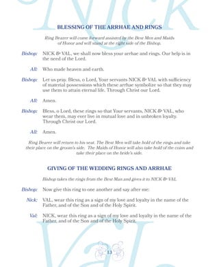 13
BLESSING OF THE ARRHAE AND RINGS
Bishop:
Ring Bearer will come forward assisted by the Best Men and Maids
of Honor and will stand at the right side of the Bishop.
NICK & VAL, we shall now bless your arrhae and rings. Our help is in
the need of the Lord.
All: Who made heaven and earth.
Bishop:
Bishop:
Let us pray. Bless, o Lord, Your servants NICK & VAL with sufficiency
of material possessions which these arrhae symbolize so that they may
use them to attain eternal life. Through Christ our Lord.
Amen.
Amen.
All:
All:
Bless, o Lord, these rings so that Your servants, NICK & VAL, who
wear them, may ever live in mutual love and in unbroken loyalty.
Through Christ our Lord.
Ring Bearer will return to his seat. The Best Men will take hold of the rings and take
their place on the groom’s side. The Maids of Honor will also take hold of the coins and
take their place on the bride’s side.
Bishop:
Nick:
Val:
GIVING OF THE WEDDING RINGS AND ARRHAE
Bishop takes the rings from the Best Man and gives it to NICK & VAL
Now give this ring to one another and say after me:
VAL, wear this ring as a sign of my love and loyalty in the name of the
Father, and of the Son and of the Holy Spirit.
NICK, wear this ring as a sign of my love and loyalty in the name of the
Father, and of the Son and of the Holy Spirit.
 