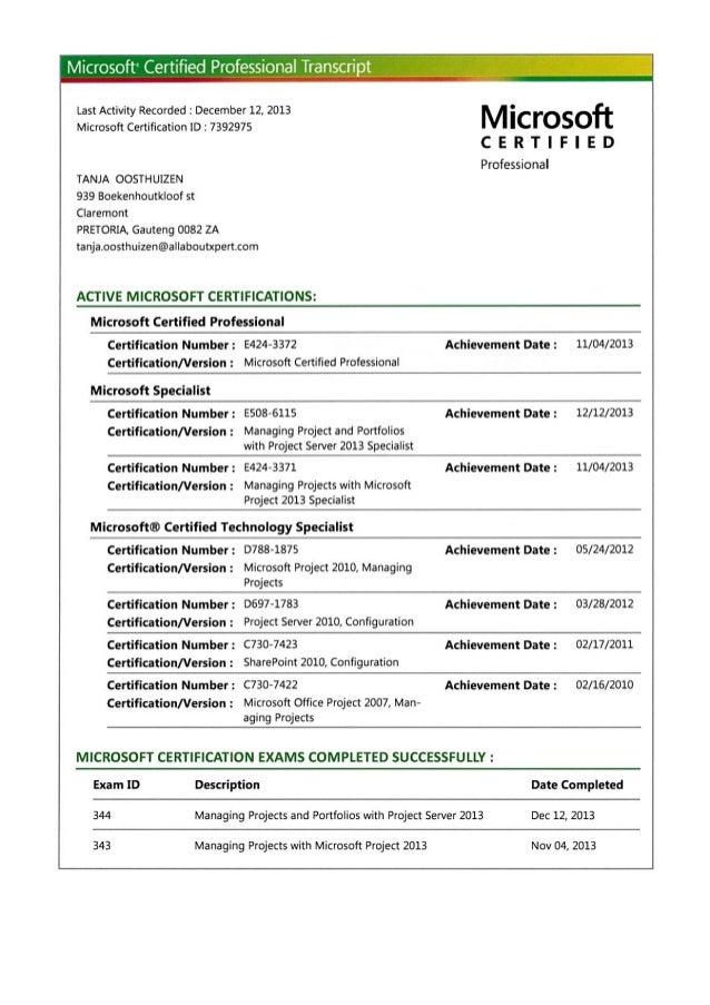Microsoft Certified Professional Transcript