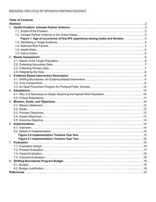 BREAKING	
  THE	
  CYCLE	
  OF	
  INTIMATE	
  PARTNER	
  VIOLENCE	
   	
  
Table of Contents
Abstract………………………………………………………………………………………………………………….....2
1. Health Problem: Intimate Partner Violence………...………….....……………………………...….…………..3
1.1. Scope of the Problem……………………………………………………….……………………………….....3
1.2. Intimate Partner Violence in the United States……………………………………………….……......…....3
Figure 1. Age at occurrence of first IPV experience among males and females………...….……..4
1.3. Identifying a Target Audience………………………………………………………………………………….4
1.4. Relevant Risk Factors………………………………………………………………………………………..…5
1.5. Health Risks………………………………………………………………………………………………...…...5
1.6. Call to Action……………………………………………………………………………………………...…..…6
2. Needs Assessment…………………………………………………………………….………………….…………6
2.1. Needs of the Target Population…………………………………………………………………………………6
2.2. Collecting Secondary Data………………………………………………………………………………………7
2.3. Collecting Primary Data………………………………………………………………………………………….7
2.4. Integrating the Data……………………………………………………………...…………..…………………..8
3. Evidence Based Intervention Description……………………….…………………………..…...……………..9
3.1. Shifting Boundaries: An Evidence Based Intervention……………………………………………………….9
3.2. Core Components………………………………………………………………………………………………..9
3.3. An Ideal Prevention Program for Portland Public Schools………………………………………...……….10
4. Adaptations……………………………………………………………………………………………………....….10
4.1. Why It Is Necessary to Adapt: Reaching the Highest Risk Population…………………………….......…10
4.2. Critical Adaptations…………………………………………………………………………………………......11
5. Mission, Goals, and Objectives……………………………….……………………………………...……...…..12
5.1. Mission Statement……………………………………….…………………………………...………….…......12
5.2. Goals………………………………………………….…………………………………...……………………..12
5.3. Process Objectives…………………………….…………………………………………………………...…..12
5.4. Impact Objectives……………………………………………………………………………………………….13
5.5. Outcome Objective…………………………………………………………………………………………..….14
6. Implementation…………………………………………………………………………………………….………..14
6.1. Overview………………………………………………………………………………………...……………….14
6.2. Details of Implementation……………………………………………………………………………..…….....14
Figure 2.0 Implementation Timeline Year One…………………………………………………………….15
Figure 2.1 Implementation Timeline Year Two………………………………………………………...….16
7. Evaluation………………………………………………………………………………………………….....….…..16
7.1. Evaluation Design……………………………………………………………………………………………….16
7.2. Process Evaluation………………………………………………………………………………….......……...17
7.3. Impact Evaluation……………………………………………………………………………………………….18
7.4. Outcome Evaluation…………………………………………………………………………………………….18
8. Shifting Boundaries Program Budget………………………………………………………………......………19
8.1. Budget……………………………………………………………………………………………………...…….19
8.2. Budget Justification………………………………………………………………………………………...…...19
References………………………………………………………………………………………………………..………23
 