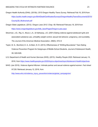 BREAKING	
  THE	
  CYCLE	
  OF	
  INTIMATE	
  PARTNER	
  VIOLENCE	
   25	
  
	
  
Oregon Health Authority (OHA). (2015b). 2015 Oregon Healthy Teens Survey. Retrieved Feb 16, 2016 from
https://public.health.oregon.gov/BirthDeathCertificates/Surveys/OregonHealthyTeens/Documents/2015/
County/26_Multnomah.pdf
Oregon State Legislature. (2012). Oregon Laws 2012: Chap. 69. Retrieved February 18, 2016 from
https://www.oregonlegislature.gov/bills_laws/Pages/Oregon-Laws.aspx
Silverman, J.G., Raj, A., Mucci, L.A., & Hathaway, J.E. (2001) Dating violence against adolescent girls and
associated substance use, unhealthy weight control, sexual risk behavior, pregnancy, and suicidality.
The Journal of the American Medical Association, 286(5), 572–9
Taylor, B. G., Mumford, E. A., & Stein, N. D. (2014). Effectiveness of “Shifting Boundaries” Teen Dating
Violence Prevention Program for Subgroups of Middle School Students. Journal of Adolescent Health,
56, S20-S26.
U.S. Department of Health and Human Services (HHS). (2015). Healthy People 2020. Retrieved January 14,
2016, from	
  https://www.healthypeople.gov/2020/topics-objectives/topic/Adolescent-Health/objectives
WHO. (Jan 2016). Violence Against Women: Intimate partner and sexual violence against women. Fact sheet
N°239. Retrieved January 12, 2016, from
http://www.who.int/violence_injury_prevention/violence/global_campaign/en/
 