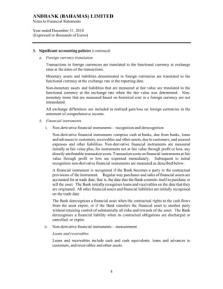 ANDBANK (BAHAMAS) LIMITED
Notes to Financial Statements
Year ended December 31, 2014
(Expressed in thousands of Euros)
8
3. Significant accounting policies (continued)
a. Foreign currency translation
Transactions in foreign currencies are translated to the functional currency at exchange
rates at the dates of the transactions.
Monetary assets and liabilities denominated in foreign currencies are translated to the
functional currency at the exchange rate at the reporting date.
Non-monetary assets and liabilities that are measured at fair value are translated to the
functional currency at the exchange rate when the fair value was determined. Non-
monetary items that are measured based on historical cost in a foreign currency are not
retranslated.
All exchange differences are included in realized gain/loss on foreign currencies in the
statement of comprehensive income.
b. Financial instruments
i. Non-derivative financial instruments – recognition and derecognition
Non-derivative financial instruments comprise cash at banks, due from banks, loans
and advances to customers, receivables and other assets, due to customers, and accrued
expenses and other liabilities. Non-derivative financial instruments are measured
initially at fair value plus, for instruments not at fair value through profit or loss, any
directly attributable transaction costs. Transaction costs on financial instruments at fair
value through profit or loss are expensed immediately. Subsequent to initial
recognition non-derivative financial instruments are measured as described below.
A financial instrument is recognized if the Bank becomes a party to the contractual
provisions of the instrument. Regular way purchases and sales of financial assets are
accounted for at trade date, that is, the date that the Bank commits itself to purchase or
sell the asset. The Bank initially recognises loans and receivables on the date that they
are originated. All other financial assets and financial liabilities are initially recognised
on the trade date.
The Bank derecognises a financial asset when the contractual rights to the cash flows
from the asset expire, or if the Bank transfers the financial asset to another party
without retaining control of substantially all risks and rewards of the asset. The Bank
derecognises a financial liability when its contractual obligations are discharged or
cancelled, or expire.
ii. Non-derivative financial instruments – measurement
Loans and receivables
Loans and receivables include cash and cash equivalents, loans and advances to
customers, and receivables and other assets.
 