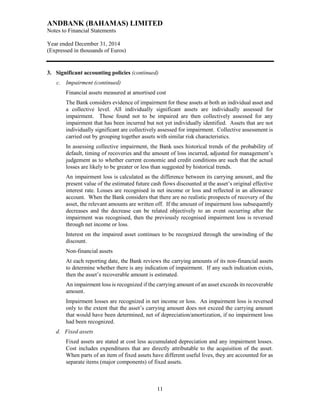 ANDBANK (BAHAMAS) LIMITED
Notes to Financial Statements
Year ended December 31, 2014
(Expressed in thousands of Euros)
11
3. Significant accounting policies (continued)
c. Impairment (continued)
Financial assets measured at amortised cost
The Bank considers evidence of impairment for these assets at both an individual asset and
a collective level. All individually significant assets are individually assessed for
impairment. Those found not to be impaired are then collectively assessed for any
impairment that has been incurred but not yet individually identified. Assets that are not
individually significant are collectively assessed for impairment. Collective assessment is
carried out by grouping together assets with similar risk characteristics.
In assessing collective impairment, the Bank uses historical trends of the probability of
default, timing of recoveries and the amount of loss incurred, adjusted for management’s
judgement as to whether current economic and credit conditions are such that the actual
losses are likely to be greater or less than suggested by historical trends.
An impairment loss is calculated as the difference between its carrying amount, and the
present value of the estimated future cash flows discounted at the asset’s original effective
interest rate. Losses are recognised in net income or loss and reflected in an allowance
account. When the Bank considers that there are no realistic prospects of recovery of the
asset, the relevant amounts are written off. If the amount of impairment loss subsequently
decreases and the decrease can be related objectively to an event occurring after the
impairment was recognised, then the previously recognised impairment loss is reversed
through net income or loss.
Interest on the impaired asset continues to be recognized through the unwinding of the
discount.
Non-financial assets
At each reporting date, the Bank reviews the carrying amounts of its non-financial assets
to determine whether there is any indication of impairment. If any such indication exists,
then the asset’s recoverable amount is estimated.
An impairment loss is recognized if the carrying amount of an asset exceeds its recoverable
amount.
Impairment losses are recognized in net income or loss. An impairment loss is reversed
only to the extent that the asset’s carrying amount does not exceed the carrying amount
that would have been determined, net of depreciation/amortization, if no impairment loss
had been recognized.
d. Fixed assets
Fixed assets are stated at cost less accumulated depreciation and any impairment losses.
Cost includes expenditures that are directly attributable to the acquisition of the asset.
When parts of an item of fixed assets have different useful lives, they are accounted for as
separate items (major components) of fixed assets.
 