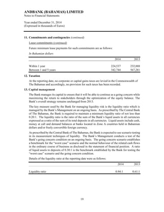 ANDBANK (BAHAMAS) LIMITED
Notes to Financial Statements
Year ended December 31, 2014
(Expressed in thousands of Euros)
19
11. Commitments and contingencies (continued)
Lease commitments (continued)
Future minimum lease payments for such commitments are as follows:
In Bahamian dollars
2014 2013
Within 1 year 224,537 232,888
Between 1 and 5 years 342,744 567,281
12. Taxation
At the reporting date, no corporate or capital gains taxes are levied in the Commonwealth of
The Bahamas and accordingly, no provision for such taxes has been recorded.
13. Capital management
The Bank manages its capital to ensure that it will be able to continue as a going concern while
maximizing the return to stakeholders through the optimization of the equity balance. The
Bank’s overall strategy remains unchanged from 2013.
The key measure used by the Bank for managing liquidity risk is the liquidity ratio which is
managed by the Bank’s Management on an ongoing basis. As prescribed by The Central Bank
of The Bahamas, the Bank is required to maintain a minimum liquidity ratio of not less than
0.20:1. The liquidity ratio is the ratio of the sum of the Bank’s liquid assets in all currencies
expressed as a ratio of the sum of its total deposits in all currencies. Liquid assets include cash,
money at call and demand balances at banks located in Zone A countries held in Bahamian
dollars and/or freely convertible foreign currency.
As prescribed by the Central Bank of The Bahamas, the Bank is expected to use scenario testing
in its measurement techniques of liquidity. The Bank’s Management conducts a test of the
Bank’s going concern condition on an ongoing basis. The going concern scenario establishes
a benchmark for the “worst case” scenario and the normal behaviour of the related cash flows
in the ordinary course of business as disclosed in the statement of financial position. A ratio
of liquid assets to deposits of 0.30:1 is the benchmark established by the Bank for testing the
“worst case” scenario and the going concern condition.
Details of the liquidity ratio at the reporting date were as follows:
2014 2013
Liquidity ratio 0.94:1 0.61:1
 