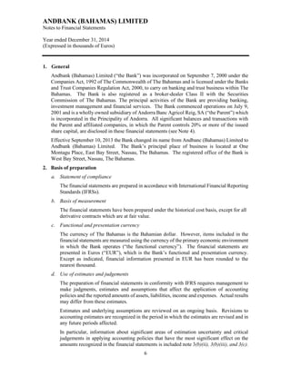 ANDBANK (BAHAMAS) LIMITED
Notes to Financial Statements
Year ended December 31, 2014
(Expressed in thousands of Euros)
6
1. General
Andbank (Bahamas) Limited (“the Bank”) was incorporated on September 7, 2000 under the
Companies Act, 1992 of The Commonwealth of The Bahamas and is licensed under the Banks
and Trust Companies Regulation Act, 2000, to carry on banking and trust business within The
Bahamas. The Bank is also registered as a broker-dealer Class II with the Securities
Commission of The Bahamas. The principal activities of the Bank are providing banking,
investment management and financial services. The Bank commenced operations on July 9,
2001 and is a wholly owned subsidiary of Andorra Banc Agricol Reig, SA (“the Parent”) which
is incorporated in the Principality of Andorra. All significant balances and transactions with
the Parent and affiliated companies, in which the Parent controls 20% or more of the issued
share capital, are disclosed in these financial statements (see Note 4).
Effective September 10, 2013 the Bank changed its name from Andbanc (Bahamas) Limited to
Andbank (Bahamas) Limited. The Bank’s principal place of business is located at One
Montagu Place, East Bay Street, Nassau, The Bahamas. The registered office of the Bank is
West Bay Street, Nassau, The Bahamas.
2. Basis of preparation
a. Statement of compliance
The financial statements are prepared in accordance with International Financial Reporting
Standards (IFRSs).
b. Basis of measurement
The financial statements have been prepared under the historical cost basis, except for all
derivative contracts which are at fair value.
c. Functional and presentation currency
The currency of The Bahamas is the Bahamian dollar. However, items included in the
financial statements are measured using the currency of the primary economic environment
in which the Bank operates (“the functional currency”). The financial statements are
presented in Euros (“EUR”), which is the Bank’s functional and presentation currency.
Except as indicated, financial information presented in EUR has been rounded to the
nearest thousand.
d. Use of estimates and judgements
The preparation of financial statements in conformity with IFRS requires management to
make judgments, estimates and assumptions that affect the application of accounting
policies and the reported amounts of assets, liabilities, income and expenses. Actual results
may differ from these estimates.
Estimates and underlying assumptions are reviewed on an ongoing basis. Revisions to
accounting estimates are recognized in the period in which the estimates are revised and in
any future periods affected.
In particular, information about significant areas of estimation uncertainty and critical
judgements in applying accounting policies that have the most significant effect on the
amounts recognized in the financial statements is included note 3(b)(ii), 3(b)(iii), and 3(c).
 