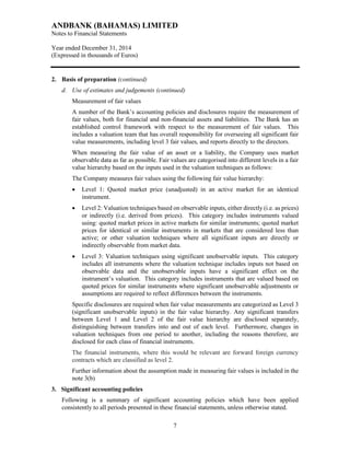 ANDBANK (BAHAMAS) LIMITED
Notes to Financial Statements
Year ended December 31, 2014
(Expressed in thousands of Euros)
7
2. Basis of preparation (continued)
d. Use of estimates and judgements (continued)
Measurement of fair values
A number of the Bank’s accounting policies and disclosures require the measurement of
fair values, both for financial and non-financial assets and liabilities. The Bank has an
established control framework with respect to the measurement of fair values. This
includes a valuation team that has overall responsibility for overseeing all significant fair
value measurements, including level 3 fair values, and reports directly to the directors.
When measuring the fair value of an asset or a liability, the Company uses market
observable data as far as possible. Fair values are categorised into different levels in a fair
value hierarchy based on the inputs used in the valuation techniques as follows:
The Company measures fair values using the following fair value hierarchy:
 Level 1: Quoted market price (unadjusted) in an active market for an identical
instrument.
 Level 2: Valuation techniques based on observable inputs, either directly (i.e. as prices)
or indirectly (i.e. derived from prices). This category includes instruments valued
using: quoted market prices in active markets for similar instruments; quoted market
prices for identical or similar instruments in markets that are considered less than
active; or other valuation techniques where all significant inputs are directly or
indirectly observable from market data.
 Level 3: Valuation techniques using significant unobservable inputs. This category
includes all instruments where the valuation technique includes inputs not based on
observable data and the unobservable inputs have a significant effect on the
instrument’s valuation. This category includes instruments that are valued based on
quoted prices for similar instruments where significant unobservable adjustments or
assumptions are required to reflect differences between the instruments.
Specific disclosures are required when fair value measurements are categorized as Level 3
(significant unobservable inputs) in the fair value hierarchy. Any significant transfers
between Level 1 and Level 2 of the fair value hierarchy are disclosed separately,
distinguishing between transfers into and out of each level. Furthermore, changes in
valuation techniques from one period to another, including the reasons therefore, are
disclosed for each class of financial instruments.
The financial instruments, where this would be relevant are forward foreign currency
contracts which are classified as level 2.
Further information about the assumption made in measuring fair values is included in the
note 3(b)
3. Significant accounting policies
Following is a summary of significant accounting policies which have been applied
consistently to all periods presented in these financial statements, unless otherwise stated.
 