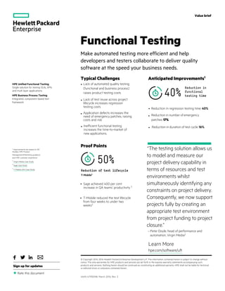 Value brief
Typical Challenges  
Learn More
hpe.com/software/uft
Functional Testing
Make automated testing more efficient and help
developers and testers collaborate to deliver quality
software at the speed your business needs. 
HPE Unified Functional Testing
Single solution for testing GUIs, APIs
and multi layer applications
Sign up for updates
Rate this document
© Copyright 2014, 2016 Hewlett Packard Enterprise Development LP. The information contained herein is subject to change without
notice. The only warranties for HPE products and services are set forth in the express warranty statements accompanying such
products and services. Nothing herein should be construed as constituting an additional warranty. HPE shall not be liable for technical
or editorial errors or omissions contained herein.
4AA5-4795ENW, March 2016, Rev. 3

1
Improvements are based on IDC
Studies, HPE Product
Management/Marketing guidance
and HPE customer experience
• Lack of automated quality testing
(functional and business process)
raises product testing costs
• Lack of test reuse across project
lifecycle increases regression
testing costs
• Application defects increases the
need of emergency patches, raising
costs and risk
• Inefficient functional testing
increases the time-to-market of
new applications.
Anticipated Improvements1
Reduction in
functional
testing time40%
• Reduction in regression testing time: 40%
• Reduction in number of emergency
patches:17%
• Reduction in duration of test cycle:16%
Proof Points
50%
Reduction of test lifecycle
T-Mobile3
• Sage achieved 400 per cent
increase in QA teams’ productivity 3
“The testing solution allows us
to model and measure our
project delivery capability in
terms of resources and test
environments whilst
simultaneously identifying any
constraints on project delivery.
Consequently, we now support
projects fully by creating an
appropriate test environment
from project funding to project
closure.”
– Peter Doyle, head of performance and
automation, Virgin Media2
2
Virgin Media Case Study
HPE Business Process Testing
Integrated, component based test
framework
3
Sage Case Study
4
T-Mobile USA Case Study
• T-Mobile reduced the test lifecycle
from four weeks to under two
weeks4
 