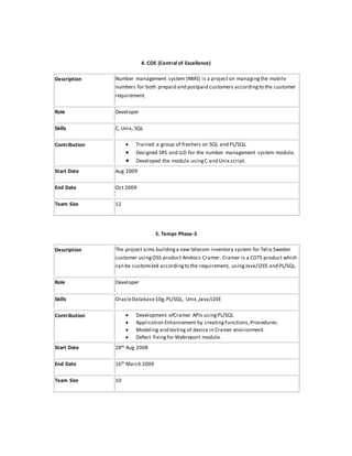 4. COE (Central of Excellence)
Description Number management system (NMS) is a project on managingthe mobile
numbers for both prepaid and postpaid customers accordingto the customer
requirement.
Role Developer
Skills C, Unix, SQL
Contribution  Trained a group of freshers on SQL and PL/SQL.
 Designed SRS and LLD for the number management system module.
 Developed the module usingC and Unix script.
Start Date Aug 2009
End Date Oct 2009
Team Size 12
5. Temps Phase-3
Description The project aims buildinga new telecom inventory system for Telia Sweden
customer usingOSS product Amdocs Cramer. Cramer is a COTS product which
can be customized accordingto the requirement, usingJava/J2EE and PL/SQL.
Role Developer
Skills OracleDatabase10g,PL/SQL, Unix ,Java/J2EE
Contribution  Development ofCramer APIs usingPL/SQL
 Application Enhancement by creatingFunctions,Procedures.
 Modeling and testing of device in Cramer environment.
 Defect fixingfor Webreport module.
Start Date 28th Aug 2008
End Date 16th March 2009
Team Size 10
 