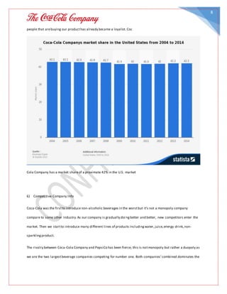 8
people that arebuying our producthas already became a loyalist. Coc
Cola Company has a market shareof a proximate 42% in the U.S. market
6) Competitive Company Info
Coca-Cola was the firstto introduce non-alcoholic beverages in the worstbut it’s not a monopoly company
compare to some other industry.As our company is gradually doi ngbetter and better, new competitors enter the
market. Then we startto introduce many different lines of products includingwater,juice,energy drink,non-
sparklingproduct.
The rivalry between Coca-Cola Company and PepsiCo has been fierce; this is notmonopoly but rather a duopoly as
we are the two largestbeverage companies competing for number one. Both companies’combined dominates the
 