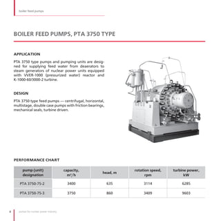 boiler feed pumps




    BOILER FEED PUMPS, PTA 3750 TYPE


    APPLICATION

    PTA 3750 type pumps and pumping units are desig-
    ned for supplying feed water from deaerators to
    steam generators of nuclear power units equipped
    with VVER-1000 (pressurized water) reactor and
    К-1000-60/3000-2 turbine .


    DESIGN

    PTA 3750 type feed pumps — centrifugal, horizontal,
    multistage, double case pumps with friction bearings,
    mechanical seals, turbine driven .




    PERFORMANCE CHART

          pump (unit)                     capacity,               rotation speed,   turbine power,
                                                        head, m
          designation                       m3/h                        rpm               kW

       PTА 3750-75-2                        3400            635        3114             6285

       PTА 3750-75-3                        3750            860        3409             9603



4      pumps for nuclear power industry
 