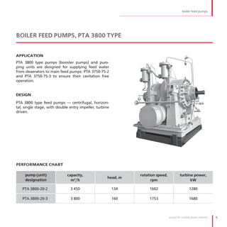 boiler feed pumps




BOILER FEED PUMPS, PTA 3800 TYPE


APPLICATION
PTA 3800 type pumps (booster pumps) and pum-
ping units are designed for supplying feed water
from deaerators to main feed pumps: PTA 3750-75-2
and PTA 3750-75-3 to ensure their cavitation free
operation .


DESIGN

PTA 3800 type feed pumps — centrifugal, horizon-
tal, single stage, with double entry impeller, turbine
driven .




PERFORMANCE CHART

     pump (unit)             capacity,                         rotation speed,            turbine power,
                                                     head, m
     designation               m3/h                                  rpm                        kW

   PTА 3800-20-2               3 450                     134        1602                         1280

   PTА 3800-20-3               3 800                     160        1753                         1680



                                                                                 pumps for nuclear power industry   5
 