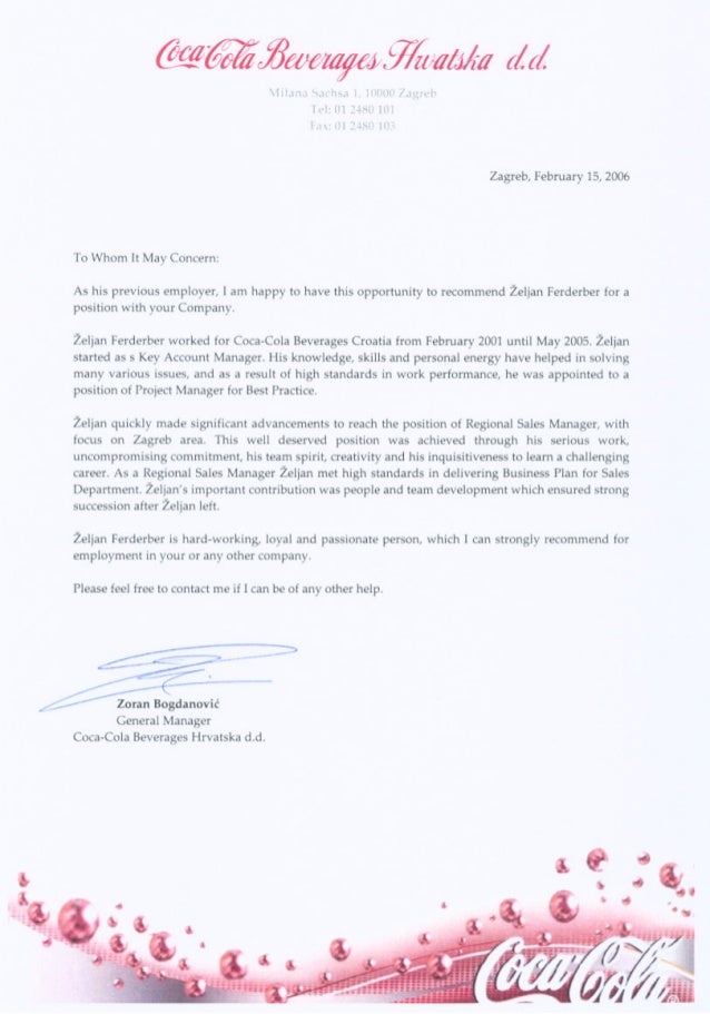 zeljan f recommendation letter coca cola
