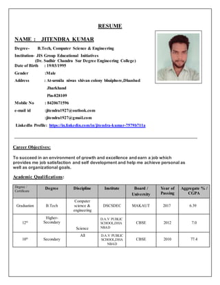 RESUME
NAME : JITENDRA KUMAR
Degree- B.Tech, Computer Science & Engineering
Institution- JIS Group Educational Initiatives
(Dr. Sudhir Chandra Sur Degree Engineering College)
Date of Birth : 19/03/1995
Gender :Male
Address : At-urmila niwas shivan colony bhuiphore,Dhanbad
Jharkhand
Pin-828109
Mobile No : 8420671596
e-mail id :jitendra1927@outlook.com
:jitendra1927@gmail.com
LinkedIn Profile: https://in.linkedin.com/in/jitendra-kumar-7579b711a
Career Objectives:
To succeed in an environment of growth and excellence and earn a job which
provides me job satisfaction and self development and help me achieve personal as
well as organizational goals.
Academic Qualifications:
Degree /
Certificate
Degree Discipline Institute Board /
University
Year of
Passing
Aggregate % /
CGPA
Graduation B.Tech
Computer
science &
engineering
DSCSDEC MAKAUT 2017 6.39
12th
Higher-
Secondary
Science
D.A.V PUBLIC
SCHOOL,DHA
NBAD
CBSE 2012 7.0
10th
Secondary
All D.A.V PUBLIC
SCHOOL,DHA
NBAD
CBSE 2010 77.4
-
 