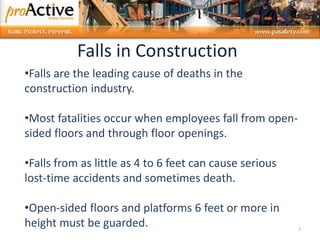 3
•Falls are the leading cause of deaths in the
construction industry.
•Most fatalities occur when employees fall from open-
sided floors and through floor openings.
•Falls from as little as 4 to 6 feet can cause serious
lost-time accidents and sometimes death.
•Open-sided floors and platforms 6 feet or more in
height must be guarded.
Falls in Construction
 