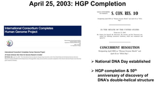  National DNA Day established
 HGP completion & 50th
anniversary of discovery of
DNA’s double-helical structure
April 25, 2003: HGP Completion
 