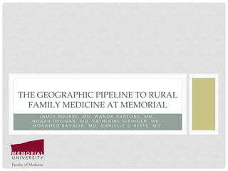 JAMES ROURKE, MD, WANDA PARSONS, MD, 
NORAH DUGGAN, MD, KATHERINE STRINGER, MD, 
MOHAMED RAVALIA, MD, DANIELLE O’KEEFE, MD 
THE GEOGRAPHIC PIPELINE TO RURAL FAMILY MEDICINE AT MEMORIAL  