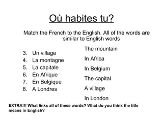 O ù habites tu? ,[object Object],[object Object],[object Object],[object Object],[object Object],[object Object],[object Object],The mountain In Africa In Belgium The capital A village In London EXTRA!!! What links all of these words? What do you think the title means in English? 