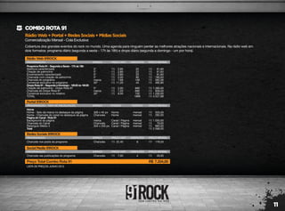 11
RádioWeb+Portal+RedesSociais+MídiasSociais
Comercialização Mensal - Cola Exclusiva
COMBOROTA91
RádioWeb91ROCK
PROGRAMAÇÃO
Programa Rota 91 - Segunda a Sexta - 17h às 18h
Abertura caracterizada
Citação de patrocínio
Encerramento caracterizado
Chamada com citação de patrocínio
Chancela do programa
Comercial exclusivo no programa
Drops Rota 91 - Segunda a Domingo - 18h30 às 16h30
Citação de patrocínio - Drops Rota 91
Chancela do Drops Rota 91
Comercial exclusivo no rotativo
TOTAL
5"
5"
5"
5"
marca
30"
5"
marca
30"
22
22
22
90
156
44
690
690
150
1886
61,60
61,60
61,60
180,00
262,08
492,80
1.380,00
828,00
1.200,00
4.527,68
2,80
2,80
2,80
2,00
1,68
11,20
2,00
1,20
8,00
R$
R$
R$
R$
R$
R$
R$
R$
R$
R$
R$
R$
R$
R$
R$
R$
R$
R$
R$
ESPAÇO PREÇO UNIT. INSERÇÕES PREÇO MENSAL
RedesSociais91ROCK
PROGRAMAÇÃO
Chancela nos posts do programa Chancela 8 179,2022,40R$ R$
ESPAÇO PREÇO UNIT. INSERÇÕES PREÇO MENSAL
LISTA DE PREÇOS JUNHO 2012
Preço Total Combo Rota 91
SocialMedia91ROCK
PROGRAMAÇÃO
Chancela nas publicações do programa Chancela 4 28,007,00R$ R$
ESPAÇO PREÇO UNIT. INSERÇÕES PREÇO MENSAL
R$
R$
R$
R$
R$
R$
Portal91ROCK
PROGRAMAÇÃO - 100% DE VISUALIZAÇÃO
Home
Home - Selo da marca no destaque da página
Home - Chancela do canal no destaque da página
Página do Canal - Rota 91
Background da página
Chancela do Canal
Retangulo Médio 4
Total
300 x 45 px
Chancela
marca
Chancela
300 x 250 px
mensal
mensal
mensal
mensal
mensal
525,00
262,00
1.050,00
79,00
683,00
2.599,00
ESPAÇO
Home
Home
Canal / Página
Canal / Página
Canal / Página
POSIÇÃO PERÍODO PREÇO MENSAL
Cobertura dos grandes eventos do rock no mundo. Uma agenda para ninguém perder as melhores atrações nacionais e internacionais. Na rádio web em
dois formatos: programa diário (segunda a sexta - 17h às 18h) e drops diário (segunda a domingo - um por hora).
7.334,00R$
 