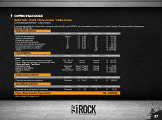 27
RádioWeb+Portal+RedesSociais+MídiasSociais
Comercialização Mensal – Cota Exclusiva
COMBOFACEROCK
É a maior rede social do mundo ativa na programação da rádio web 91ROCK. As mais pedidas na rede em um playlist interativo. Programa exibido de segundaa
sexta das 12h às 13h.
LISTA DE PREÇOS JUNHO 2012
RádioWeb91ROCK
PROGRAMAÇÃO - SEGUNDA A SEXTA DAS 12H ÀS 13H
Chancela do programa
Abertura caracterizada
Citação de patrocínio
Encerramento caracterizado
Chamada com citação de patrocínio
Comercial exclusivo no programa
Comercial exclusivo no rotativo
TOTAL
Marca
5"
5"
5"
5"
30"
30"
156
22
22
22
90
44
150
506
262,08
61,60
61,60
61,60
180,00
492,80
1.200,00
2.319,68
1,68
2,80
2,80
2,80
2,00
11,20
8,00
R$
R$
R$
R$
R$
R$
R$
R$
R$
R$
R$
R$
R$
R$
R$
ESPAÇO PREÇO UNIT. INSERÇÕES PREÇO MENSAL
RedesSociais91ROCK
PROGRAMAÇÃO
Chancela nos posts do programa Chancela 15 336,0022,40R$ R$
ESPAÇO PREÇO UNIT. INSERÇÕES PREÇO MENSAL
SocialMedia91ROCK
PROGRAMAÇÃO
Chancela nas publicações do programa Chancela 10 70,007,00R$ R$
Preço Total Combo Face Rock 5.325,00R$
ESPAÇO PREÇO UNIT. INSERÇÕES PREÇO MENSAL
Portal91ROCK
PROGRAMAÇÃO - 100% DE VISUALIZAÇÃO
Home
Home - Selo da marca no destaque da página
Home - Chancela da página no destaque do canal
Página do Canal - Face Rock
Chancela do canal
Background da página
Retangulo Médio 4
TOTAL
300 x 45 px
Chancela
Chancela
Marca
300 x 250 px
mensal
mensal
mensal
mensal
mensal
525,00
262,00
79,00
1.050,00
683,00
2.599,00
R$
R$
R$
R$
R$
R$
ESPAÇO
Home
Home
Canal / Página
Canal / Página
Canal / Página
POSIÇÃO PERÍODO PREÇO MENSAL
 