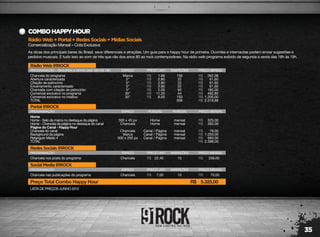 35
RádioWeb+Portal+RedesSociais+MídiasSociais
Comercialização Mensal – Cota Exclusiva
COMBOHAPPYHOUR
As dicas dos principais bares do Brasil, seus diferenciais e atrações. Um guia para o happy hour de primeira. Ouvintes e internautas podem enviar sugestões e
pedidos musicais. E tudo isso ao som de hits que vão dos anos 80 ao rock contemporâneo. Na rádio web programa exibido de segunda a sexta das 18h às 19h.
LISTA DE PREÇOS JUNHO 2012
RádioWeb91ROCK
PROGRAMAÇÃO - SEGUNDA A SEXTA DAS 18H ÀS 19H
Chancela do programa
Abertura caracterizada
Citação de patrocínio
Encerramento caracterizado
Chamada com citação de patrocínio
Comercial exclusivo no programa
Comercial exclusivo no rotativo
TOTAL
Marca
5"
5"
5"
5"
30"
30"
156
22
22
22
90
44
150
506
262,08
61,60
61,60
61,60
180,00
492,80
1.200,00
2.319,68
1,68
2,80
2,80
2,80
2,00
11,20
8,00
R$
R$
R$
R$
R$
R$
R$
R$
R$
R$
R$
R$
R$
R$
R$
ESPAÇO PREÇO UNIT. INSERÇÕES PREÇO MENSAL
RedesSociais91ROCK
PROGRAMAÇÃO
Chancela nos posts do programa Chancela 15 336,0022,40R$ R$
ESPAÇO PREÇO UNIT. INSERÇÕES PREÇO MENSAL
SocialMedia91ROCK
PROGRAMAÇÃO
Chancela nas publicações do programa Chancela 10 70,007,00R$ R$
Preço Total Combo Happy Hour 5.325,00R$
ESPAÇO PREÇO UNIT. INSERÇÕES PREÇO MENSAL
Portal91ROCK
PROGRAMAÇÃO
Home
Home - Selo da marca no destaque da página
Home - Chancela da página no destaque do canal
Página do Canal - Happy Hour
Chancela do canal
Background da página
Retangulo Médio 4
TOTAL
300 x 45 px
Chancela
Chancela
Marca
300 x 250 px
mensal
mensal
mensal
mensal
mensal
525,00
262,00
79,00
1.050,00
683,00
2.599,00
R$
R$
R$
R$
R$
R$
ESPAÇO
Home
Home
Canal / Página
Canal / Página
Canal / Página
POSIÇÃO PERÍODO PREÇO MENSAL
 