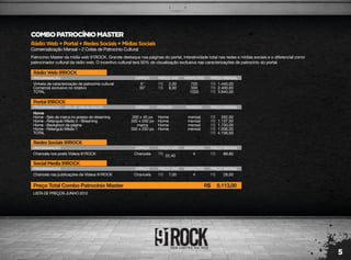 RádioWeb+Portal+RedesSociais+MídiasSociais
Comercialização Mensal – 2 Cotas de Patrocínio Cultural
COMBOPATROCÍNIOMASTER
Patrocínio Master da mídia web 91ROCK. Grande destaque nas páginas do portal, interatividade total nas redes e mídias sociais e o diferencial como
patrocinador cultural da rádio web. O incentivo cultural terá 50% de visualização exclusiva nas caracterizações de patrocínio do portal.
LISTA DE PREÇOS JUNHO 2012
RádioWeb91ROCK
PROGRAMAÇÃO
Vinheta de caracterização de patrocínio cultural
Comercial exclusivo no rotativo
TOTAL
5"
30"
720
300
1020
1.440,00
2.400,00
3.840,00
2,00
8,00
R$
R$
R$
R$
R$
ESPAÇO PREÇO UNIT. INSERÇÕES PREÇO MENSAL
RedesSociais91ROCK
PROGRAMAÇÃO
Chancela nos posts Vídeos 91ROCK Chancela 4 89,60
22,40
R$ R$
ESPAÇO PREÇO UNIT. INSERÇÕES PREÇO MENSAL
SocialMedia91ROCK
PROGRAMAÇÃO
Chancela nas publicações de Vídeos 91ROCK Chancela 4 28,007,00R$ R$
Preço Total Combo Patrocínio Master 8.113,00R$
ESPAÇO PREÇO UNIT. INSERÇÕES PREÇO MENSAL
Portal91ROCK
PROGRAMAÇÃO - 50% DE VISUALIZAÇÃO
Home
Home - Selo da marca no acesso do streaming
Home - Retangulo Médio 3 - Streaming
Home - Backgroun da página
Home - Retangulo Médio 1
TOTAL
300 x 45 px
300 x 250 px
marca
300 x 250 px
mensal
mensal
mensal
mensal
262,50
1.137,50
1.750,00
1.006,00
4.156,00
R$
R$
R$
R$
R$
ESPAÇO
Home
Home
Home
Home
POSIÇÃO PERÍODO PREÇO MENSAL
5
 