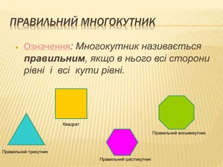 ПРАВИЛЬНИЙ МНОГОКУТНИК 
 Означення: Многокутник називається 
правильним, якщо в нього всі сторони 
рівні і всі кути рівні. 
Правильний трикутник 
Квадрат 
Правильний шестикутник 
Правильний восьмикутник 
 