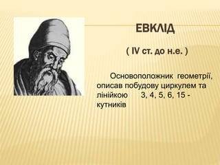 ЕВКЛІД 
( IV ст. до н.е. ) 
Основоположник геометрії, 
описав побудову циркулем та 
лінійкою 3, 4, 5, 6, 15 - 
кутників 
 