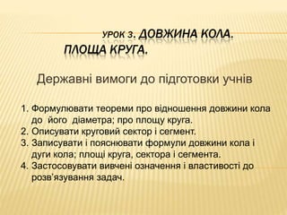Державні вимоги до підготовки учнів 
1. Формулювати теореми про відношення довжини кола 
до його діаметра; про площу круга. 
2. Описувати круговий сектор і сегмент. 
3. Записувати і пояснювати формули довжини кола і 
дуги кола; площі круга, сектора і сегмента. 
4. Застосовувати вивчені означення і властивості до 
розв’язування задач. 
 