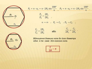 О 
1 
R1 
R2 O2 
, . 
. 
, , : 
або 
. 
Відношення довжини кола до його діаметра 
одне й те саме для кожного кола. 
 