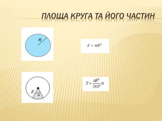 ПЛОЩА КРУГА ТА ЙОГО ЧАСТИН 
R 
 
