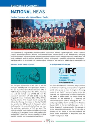10 MTBiz
BUSINESS & ECONOMY
NATIONAL NEWS
Per capita income rises to USD 1,751
The per capita income rose to USD 1,751 in the last
ﬁscal year 2017-18 (FY18) from USD 1,610 in the FY17.
The rise in per head Gross National Income (GNI) in
FY18 is 8.80 per cent higher than that of FY17. However,
per head GNI marked a dip of USD 1.0 from the
provisional estimation of USD 1,752 made by
Bangladesh Bureau of Statistics (BBS) in May of FY18.
Planning Minister AHM Mustafa Kamal unveiled the
data at the Planning Commission in the city. The BBS
also unveiled the GDP growth of the country which
ﬁnally stood at 7.86 per cent in the last ﬁscal year from
the preliminary estimation of 7.65 per cent. The
national statistical body usually unveiled a preliminary
estimation of the per capita income and gross domestic
product (GDP) size of the economy based on the data
available from the ﬁrst three quarters (July-March).
IFC ready to lend USD 1b a year
The International Finance Corporation (IFC), a member
of the World Bank Group, is ready to lend Bangladesh
USD 1 billion a year to meet its long-term ﬁnancing
needs. He said the IFC's long-term funding for the last
ﬁscal year that ended on June 30 was USD 426 million,
the lowest in several years. The oﬃcial made the
comments on the sidelines of a workshop on
“Investment Process and IFC Strategy for FY17-21”
jointly organised by the IFC and Economic Relations
Division (ERD) at the Pan Paciﬁc Sonargaon hotel in
Dhaka. Bangladesh needs a guideline for approval of
foreign loans and its interest rate. The IFC has a plan to
provide USD 2.5 billion in long term ﬁnancing for
private sector development in Bangladesh over the
next ﬁve ﬁscal years to 2021.
The Government of Bangladesh has awarded Footbed Footwear Ltd. National Export Trophy 2014-2015 in Footwear
category. Honorable Commerce Minister, Tofail Ahmed handed over the trophy to Md. Hedayetullah, Managing
Director of Footbed Footwear Limited. Hedayetullah holds positions in several prestigious business organizations. He
is the Chairman of Board of Directors, Mutual Trust Bank Ltd. He is also the Chairman of Hedayetullah Securities Ltd.,
Managing Director of FB Footwear Ltd., Director of Apex Tannery Ltd. and Director of Apex Property Development Ltd.
Footbed Footwear wins National Export Trophy
 