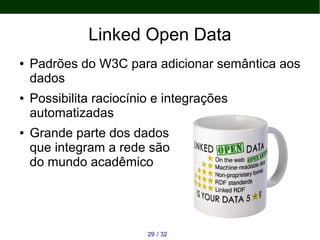 Linked Open Data
● Padrões do W3C para adicionar semântica aos
dados
● Possibilita raciocínio e integrações
automatizadas
...