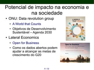 Potencial de impacto na economia e
na sociedade
● ONU: Data revolution group
● A World that Counts
● Objetivos de Desenvol...