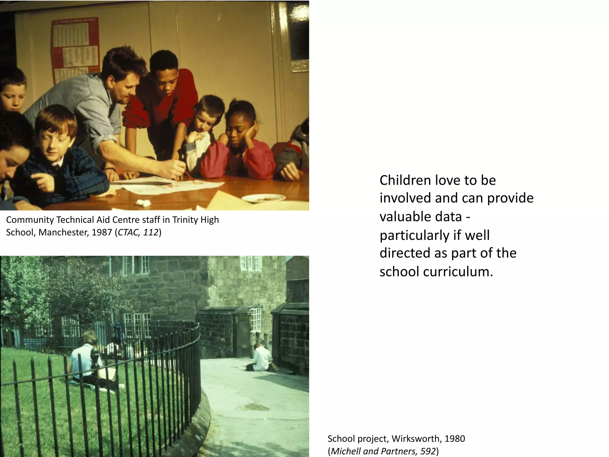 Children love to be
involved and can provide
valuable data -
particularly if well
directed as part of the
school curriculum.
Community Technical Aid Centre staff in Trinity High
School, Manchester, 1987 (CTAC, 112)
School project, Wirksworth, 1980
(Michell and Partners, 592)
 