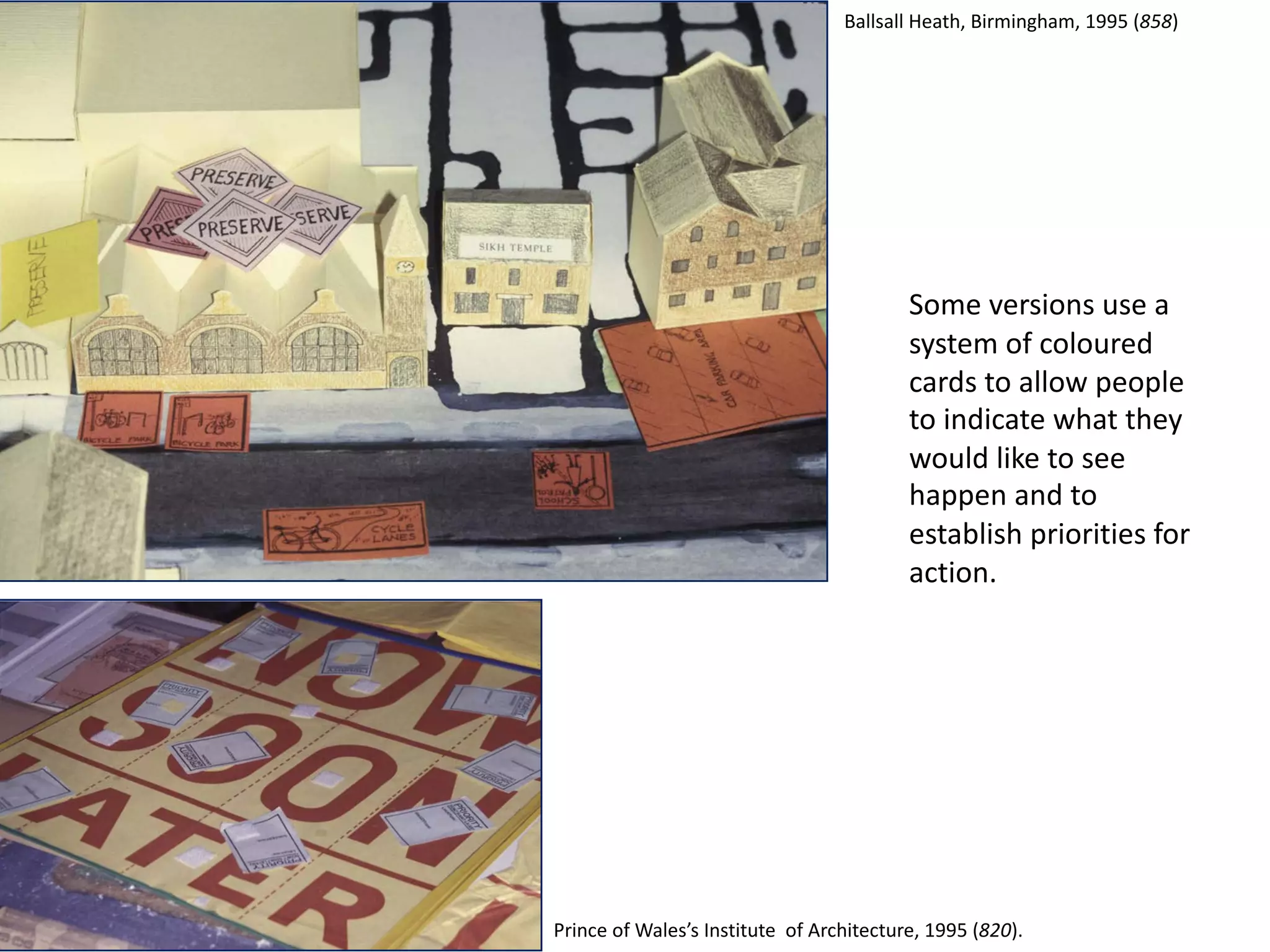 Some versions use a
system of coloured
cards to allow people
to indicate what they
would like to see
happen and to
establish priorities for
action.
Ballsall Heath, Birmingham, 1995 (858)
Prince of Wales’s Institute of Architecture, 1995 (820).
 